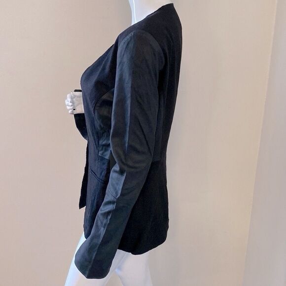Veda Black Linen Blazer w Contrasting Black Leather Sleeves - Picture 5 of 9